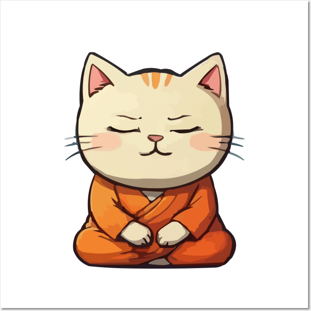 Cute Meditating Cartoon Monk Cat Wall Art by Elvdant